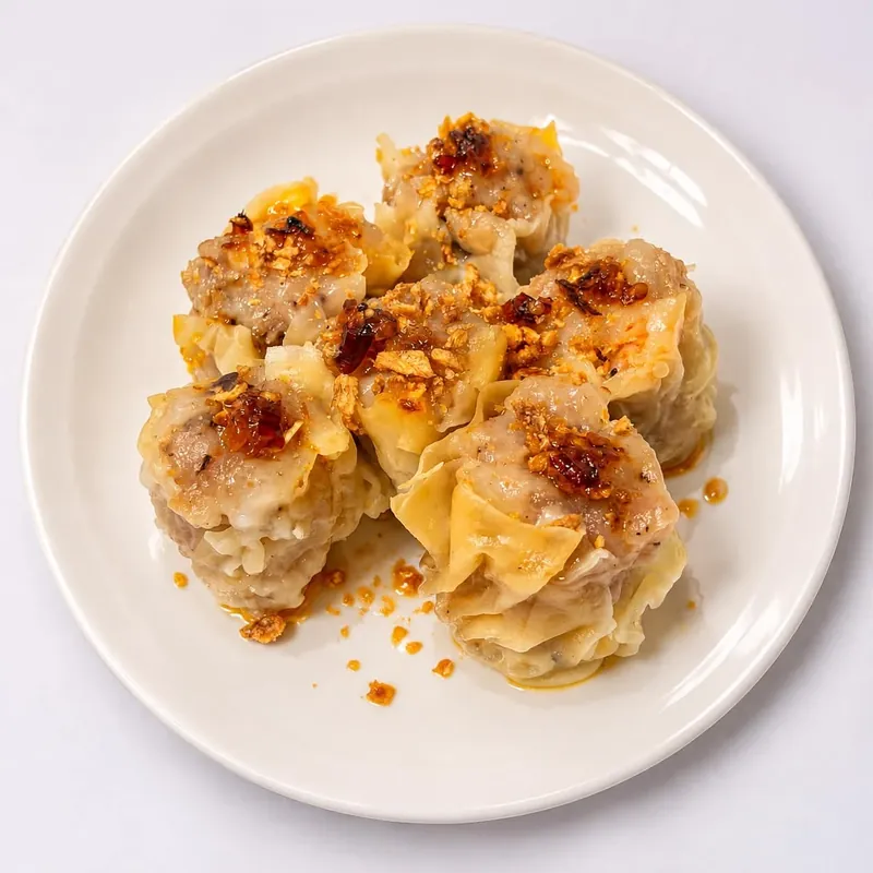 Plated homemade siomai topped with chili garlic