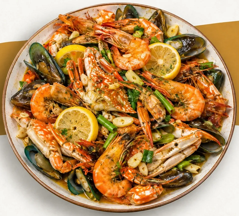 Buttered seafood platter with prawns, crab and mussels