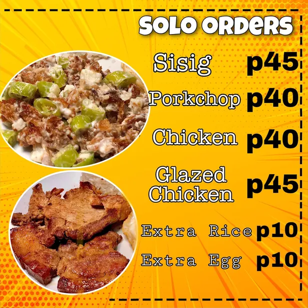 Solo orders: Sisig ₱45, Porkchop ₱40, Chicken ₱40, Glazed Chicken ₱45, Extra Rice ₱10, Extra Egg ₱10